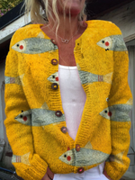Vintage Fish Sardines Art Print Buttoned Cardigan Sweater