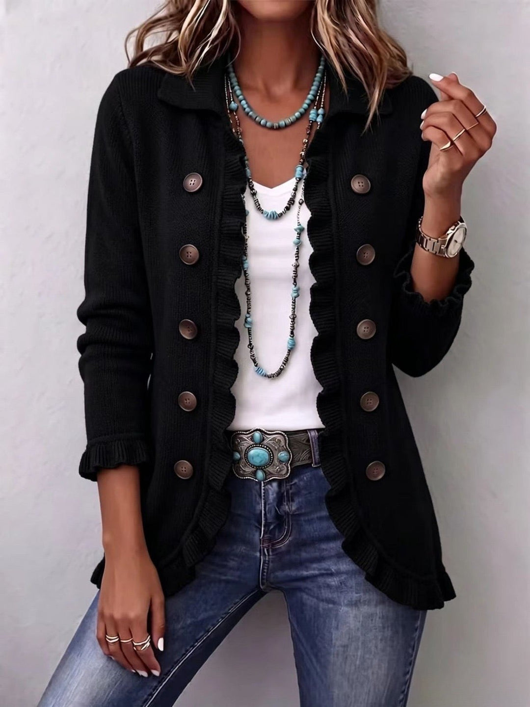 Gilma | Jet Black Ribbed Knit Ruffle Jacket